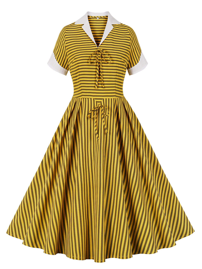 Robe trapèze jaune à rayures avec nœud des années 1950