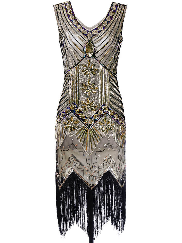 Robe Charleston Vintage Années 20 à Franges Paillettes Gatsby Cocktail Chic