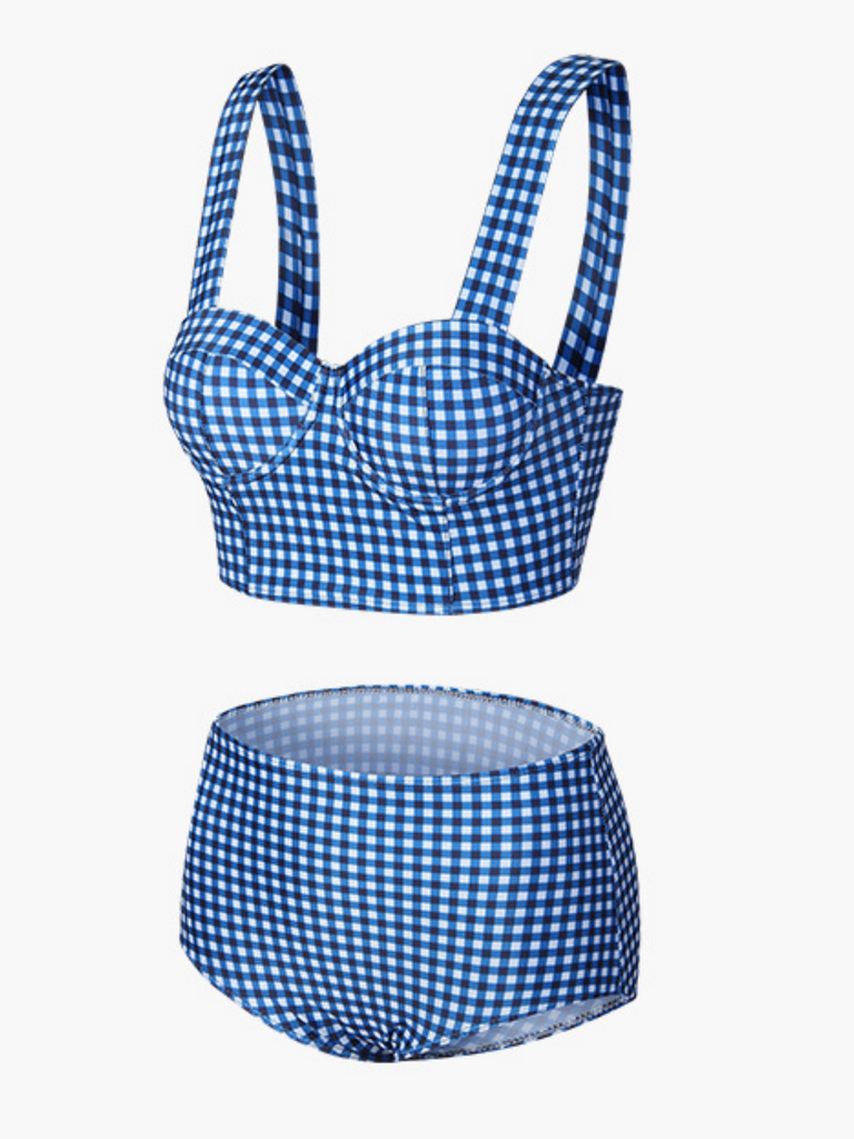 Ensemble de Bikini à Bretelles Rétro à Carreaux Bleu