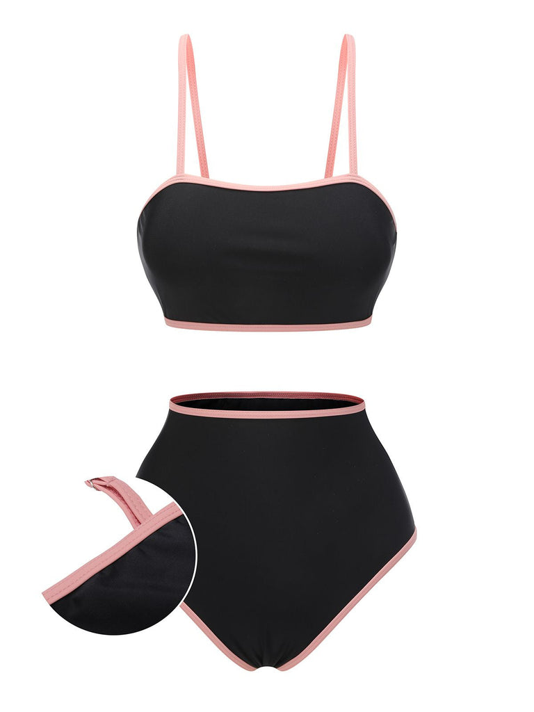 Maillot de bain noir années 40 à bretelles spaghetti contrastantes