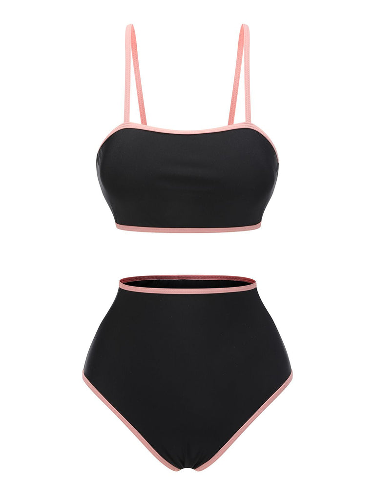 Maillot de bain noir années 40 à bretelles spaghetti contrastantes