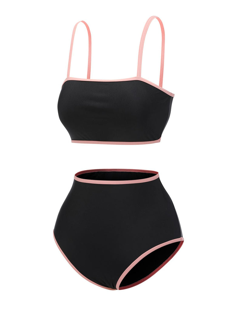 Maillot de bain noir années 40 à bretelles spaghetti contrastantes