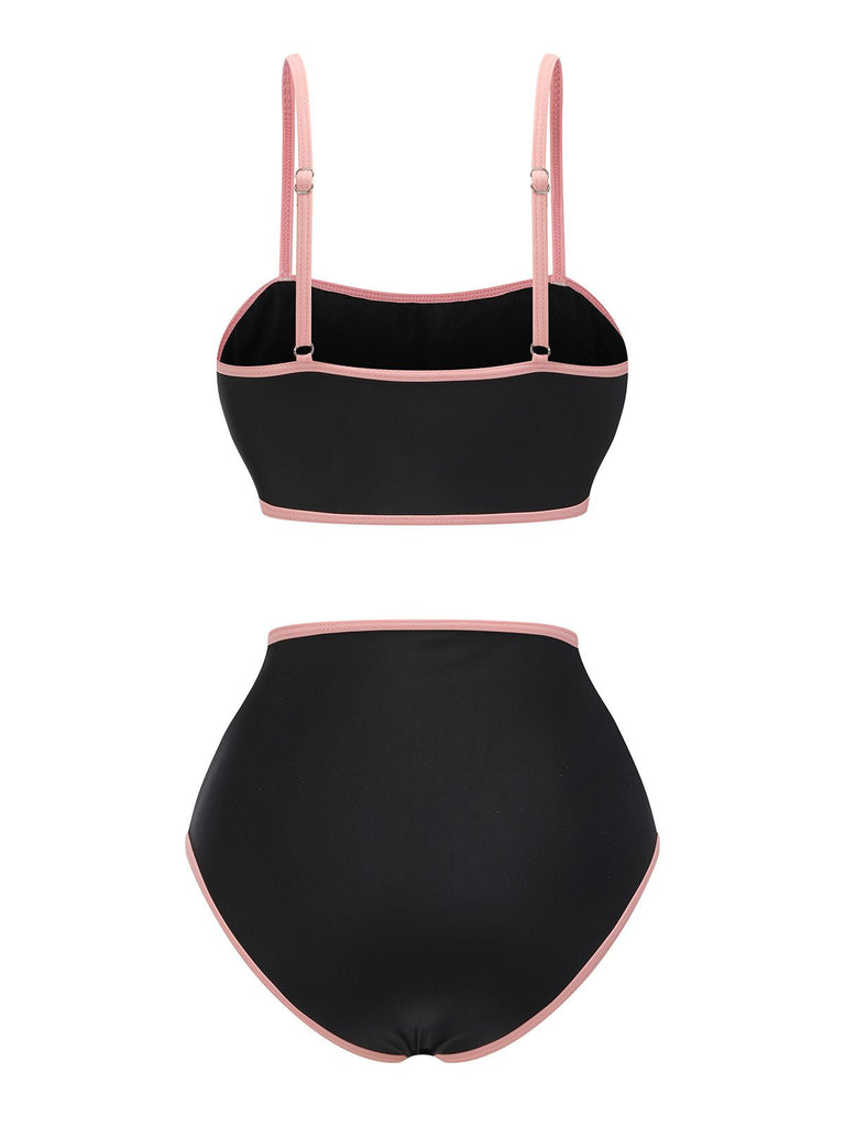 Maillot de bain noir années 40 à bretelles spaghetti contrastantes