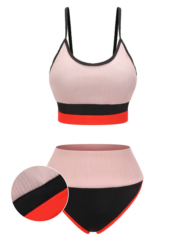 Maillot de bain 1940s rose patchwork à bretelles spaghetti