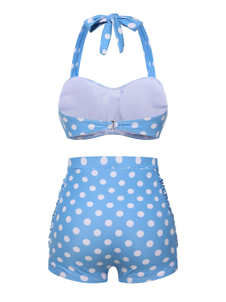 Ensemble de bikini dos nu bleu à pois années 1950