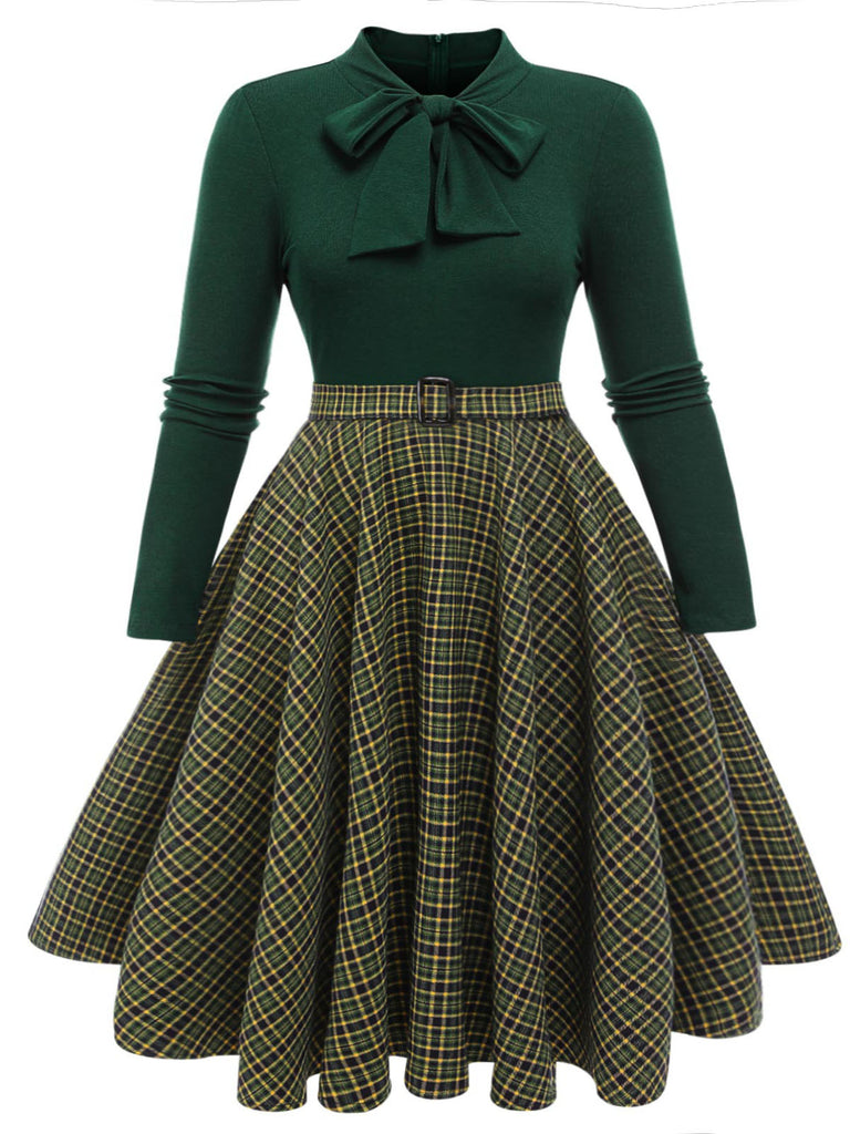 [Grande taille] Robe tricotée à carreaux vert foncé des années 1950