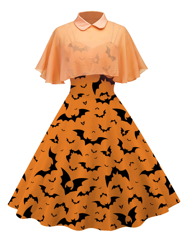 Robe Swing Années 50 avec Cape Chauve-Souris Orange Halloween