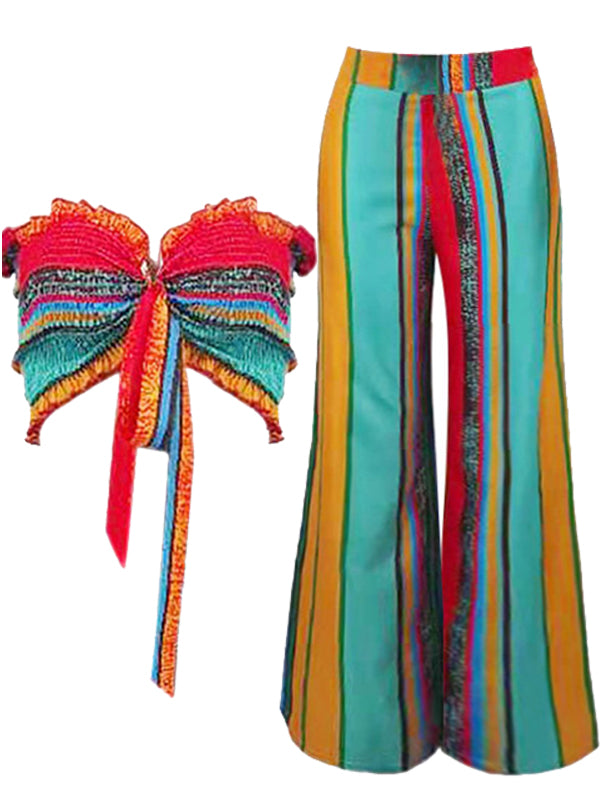 2PC Top et Pantalon Années 50 Rayures Arc-En-Ciel