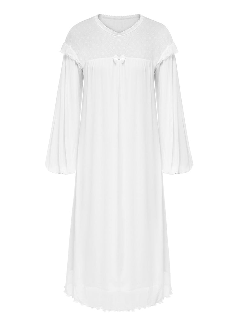 Chemise de nuit blanche à manches lanterne solide des années 1960