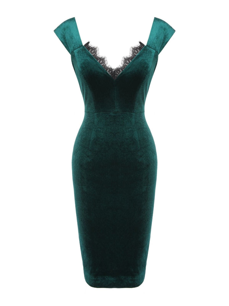[Prévente] Robe patchwork en dentelle de velours verte des années 1960
