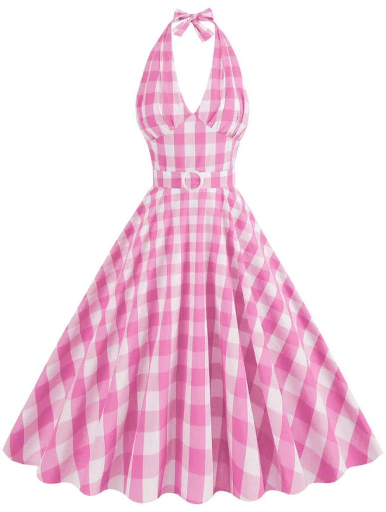 Robe trapèze ceinturée à carreaux des années 1950