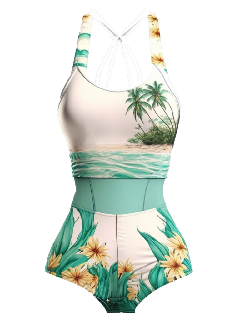 Maillot de bain patchwork cocotier et plage des années 1950