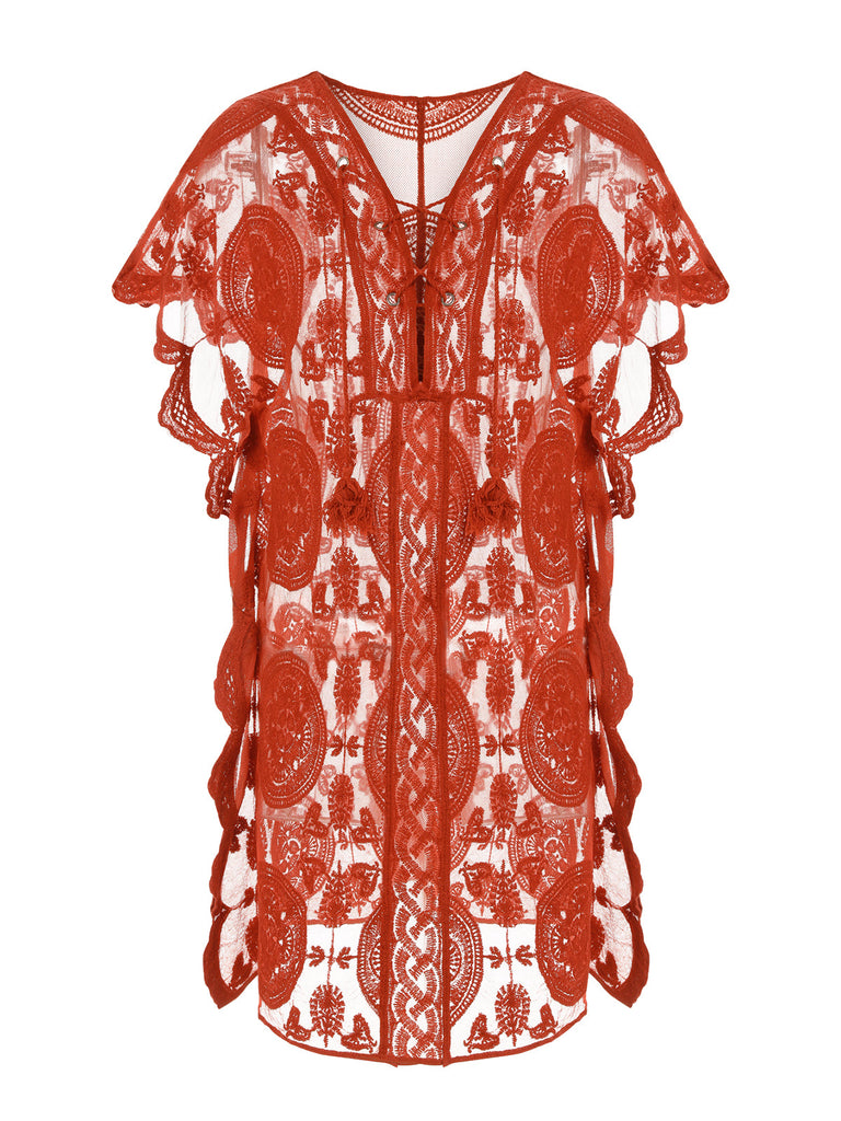 Cache maillot creux brodé rouge des années 1960