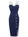Robe crayon patchwork bleu foncé à pois des années 1960