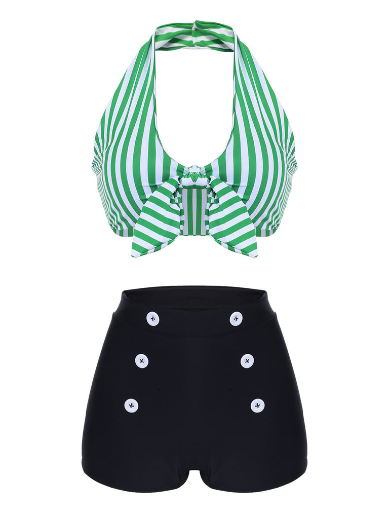 [Grande Taille] Ensemble de bikini vert à rayures rétro
