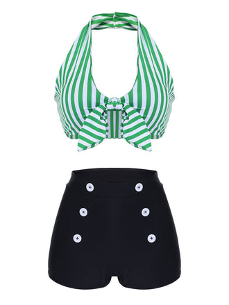 [Grande Taille] Ensemble de bikini vert à rayures rétro