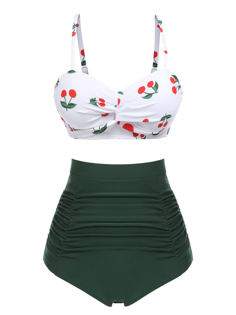 Ensemble de bikini taille haute à bretelles cerises 1950s