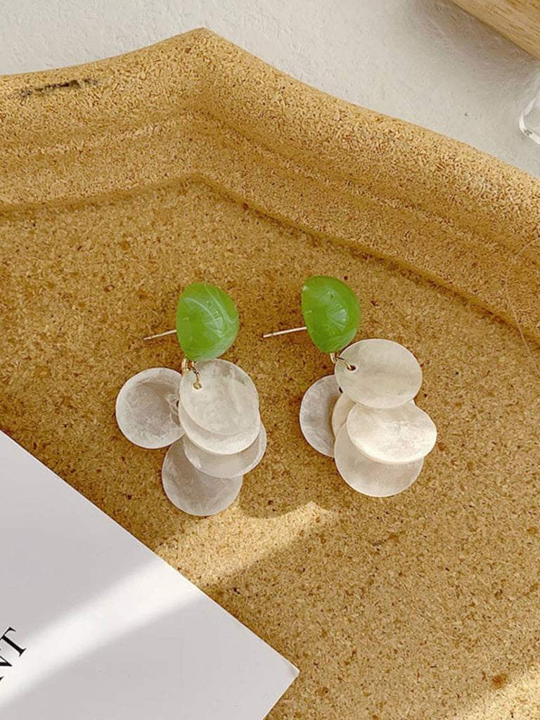 Boucles d'Oreilles Tiges Tranches de Coquillage Vert Rétro