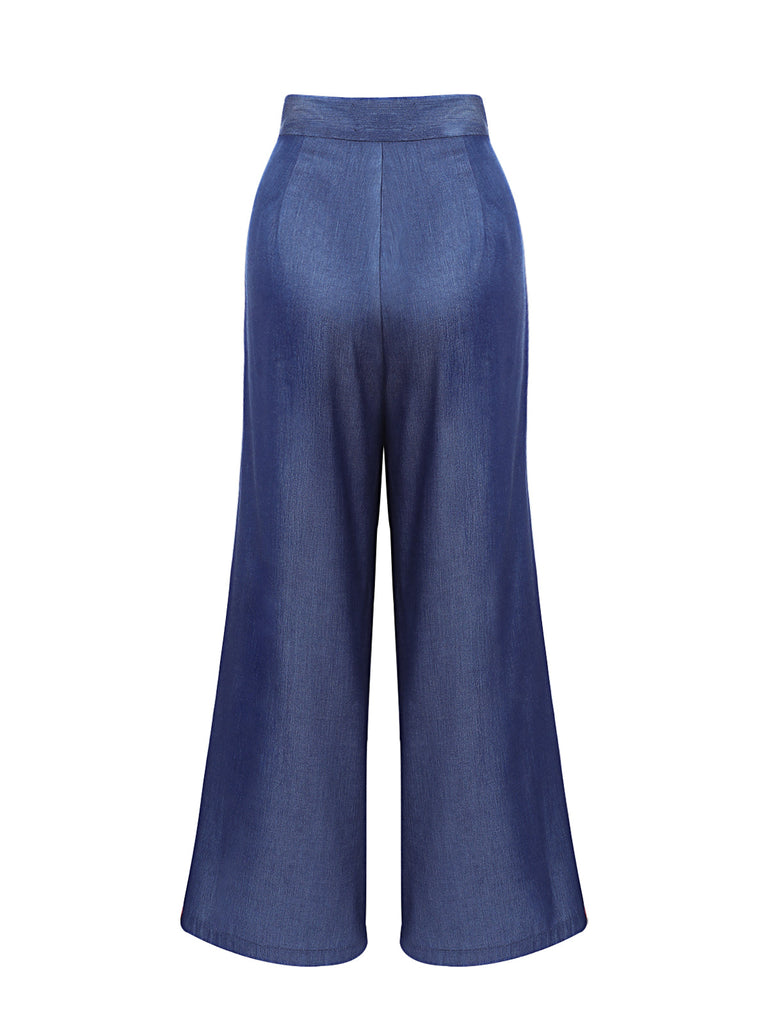 Pantalon large taille haute bleu
