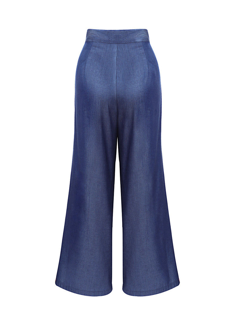 Pantalon large taille haute bleu