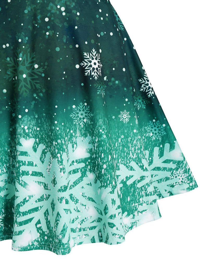 Robe de Noël Verte à Bretelles Années 50 Imprime Neige Classe et Chic