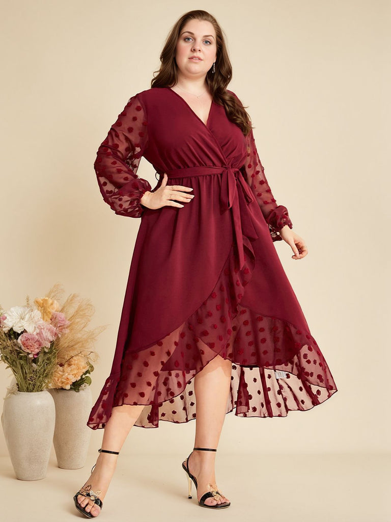 [Plus Size] Wine Red 1940s V-Neck Mesh Belted Dress