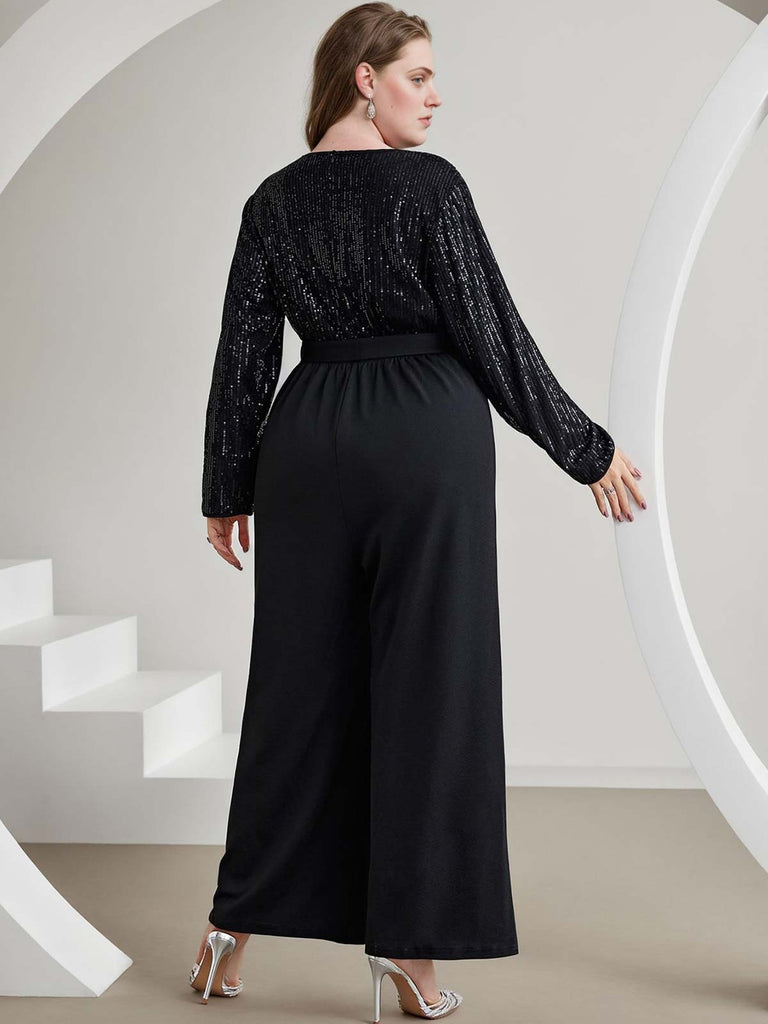 Combinaison noire à paillettes et col en V des années 1930 grande taille