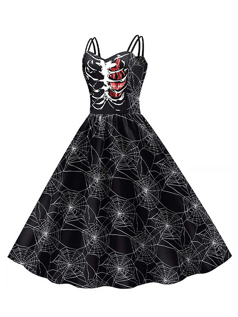 Robe noire à bretelles en toile d'araignée squelette des années 1950