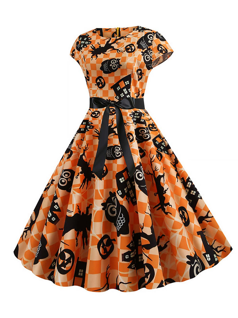 Robe à carreaux orange citrouille d'Halloween des années 1950