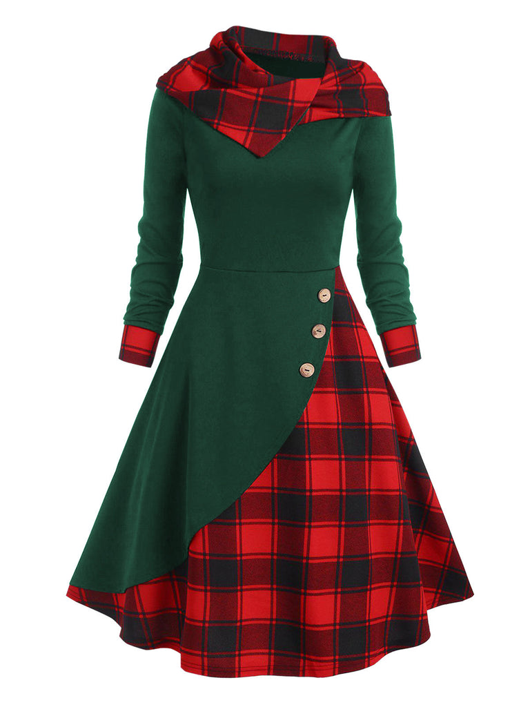 Robe à capuche à carreaux de Noël verte et rouge des années 1950