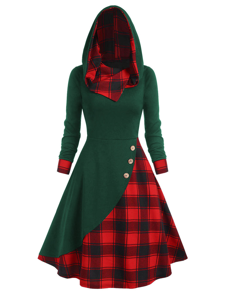 Robe à capuche à carreaux de Noël verte et rouge des années 1950
