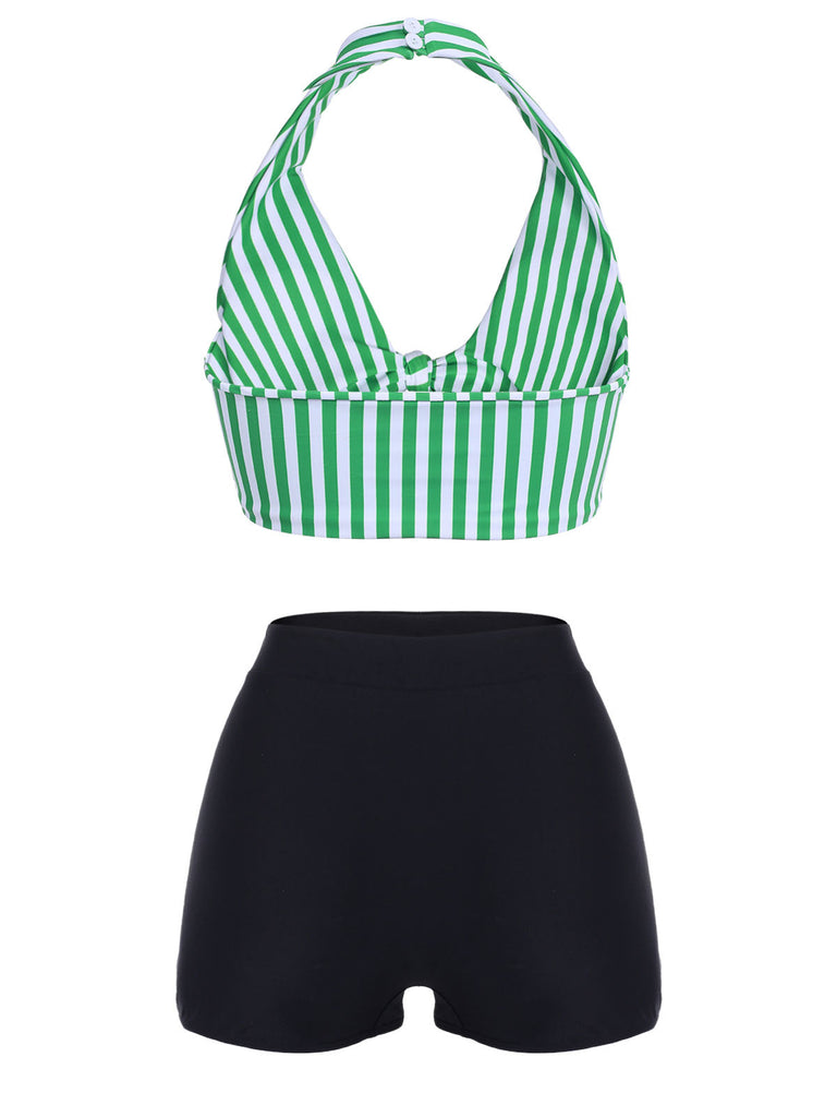 [Grande Taille] Ensemble de bikini vert à rayures rétro