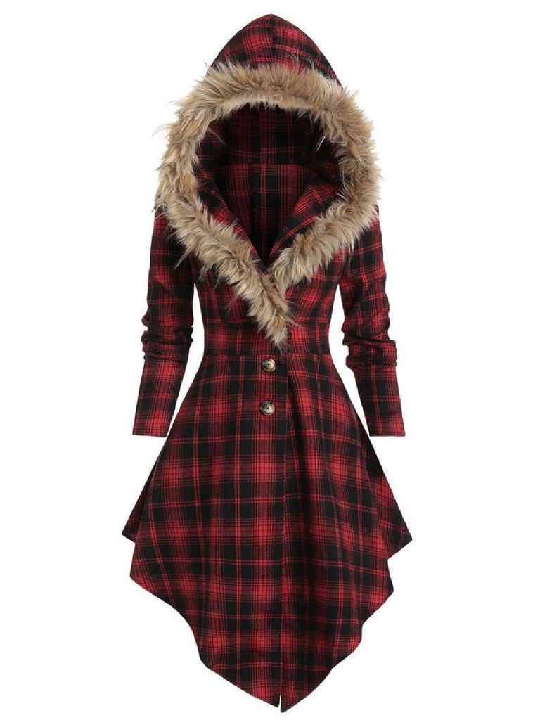 Robe manteau rouge à carreaux en peluche avec chapeau