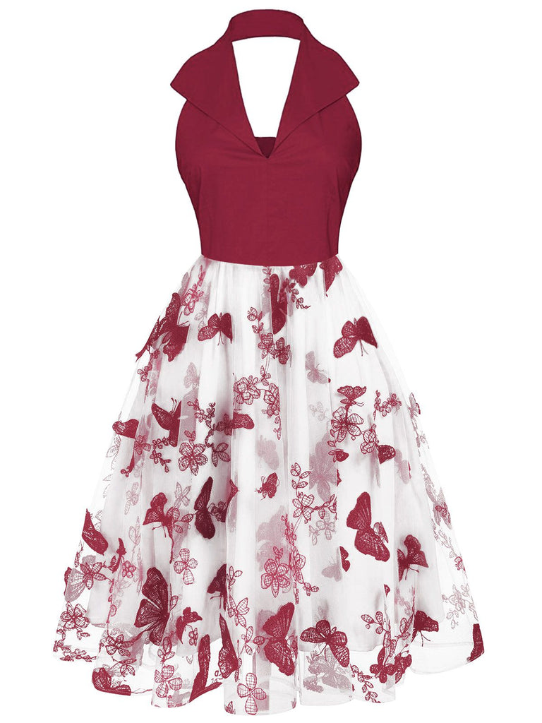Robe en maille à revers papillon des années 1950 rouge vin