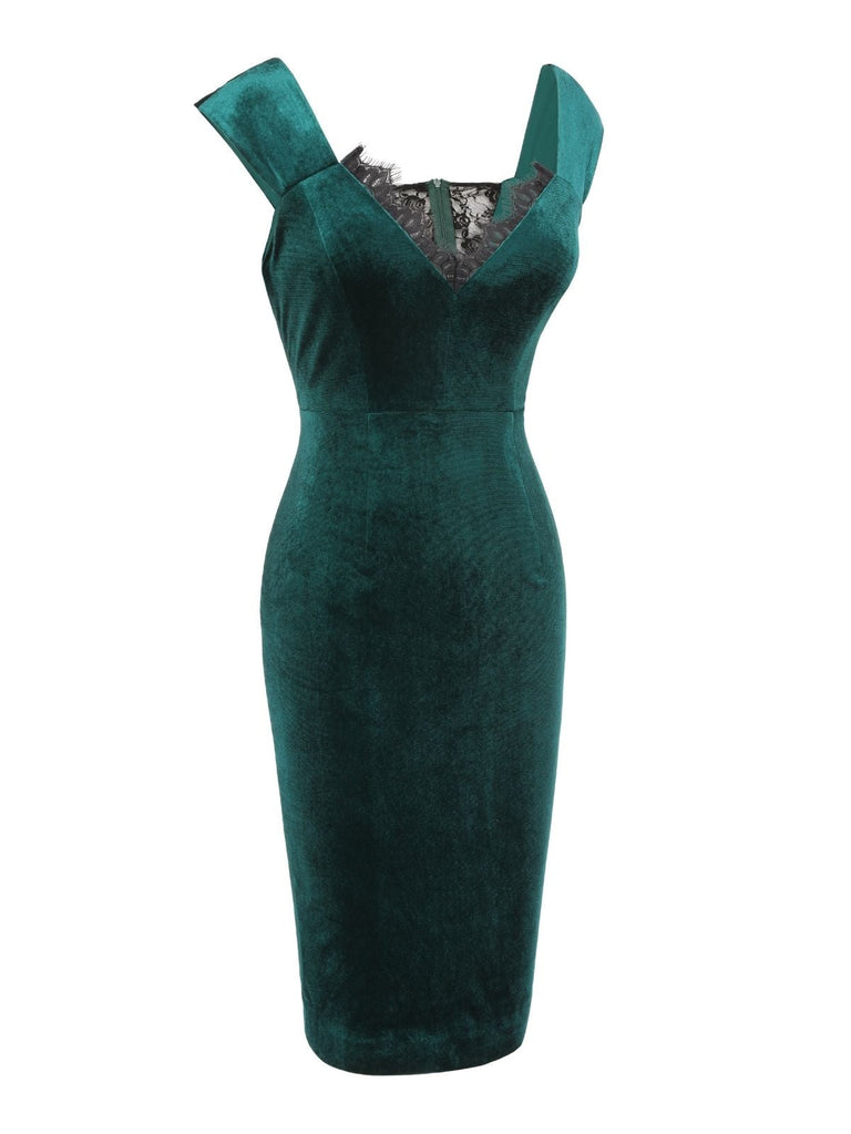 [Prévente] Robe patchwork en dentelle de velours verte des années 1960