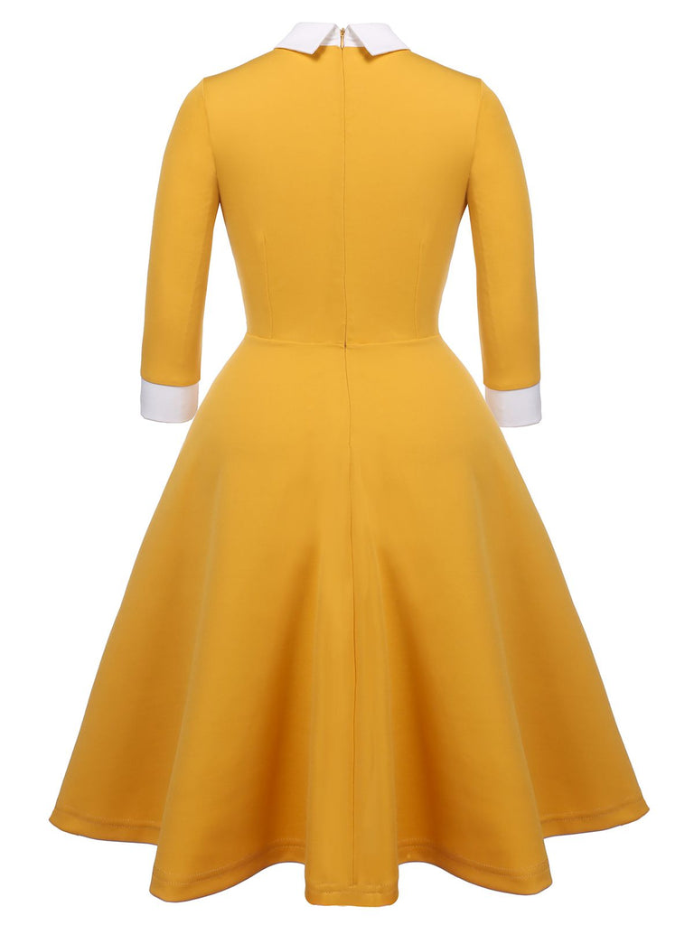 Robe Swing Vintage Année 50 Jaune Manches Longues Pin Up