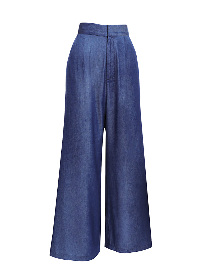 Pantalon large taille haute bleu