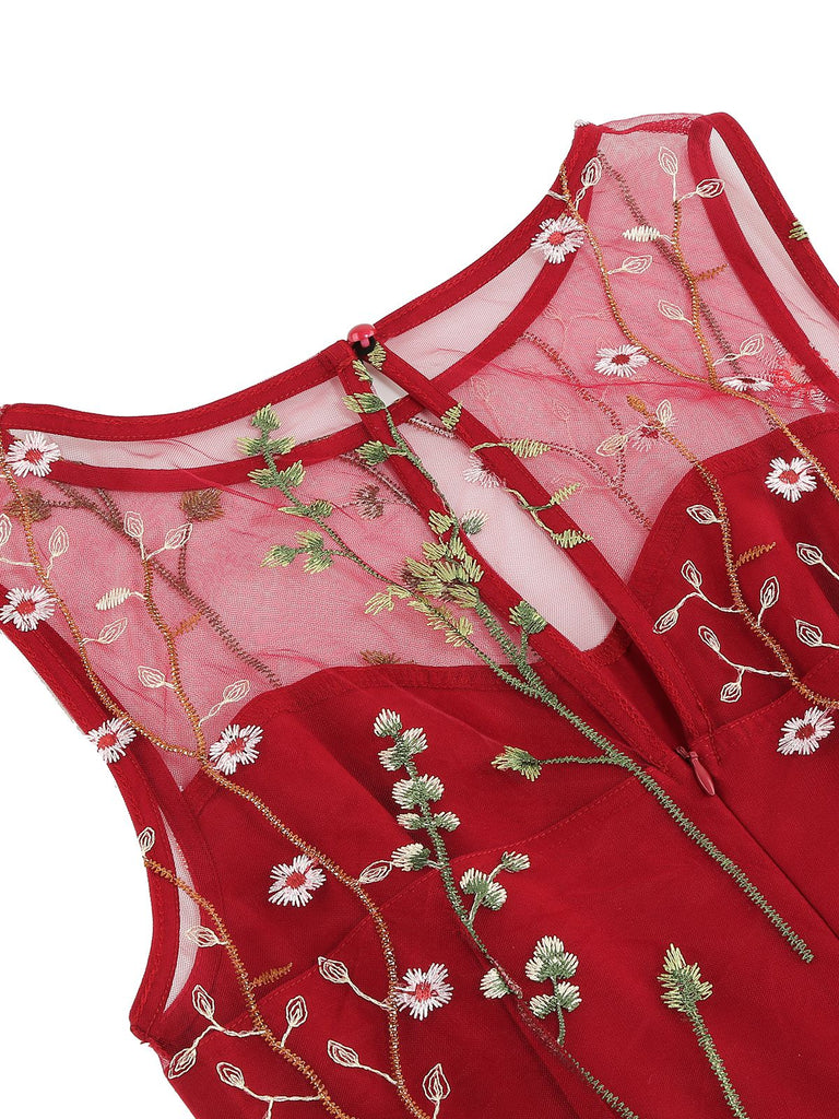 Robe trapèze sans manches en gaze à fleurs des années 1950