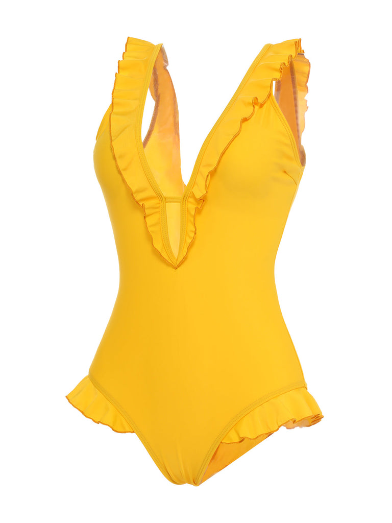 Maillot de Bain Une Pièce Col Plongeant Jaune