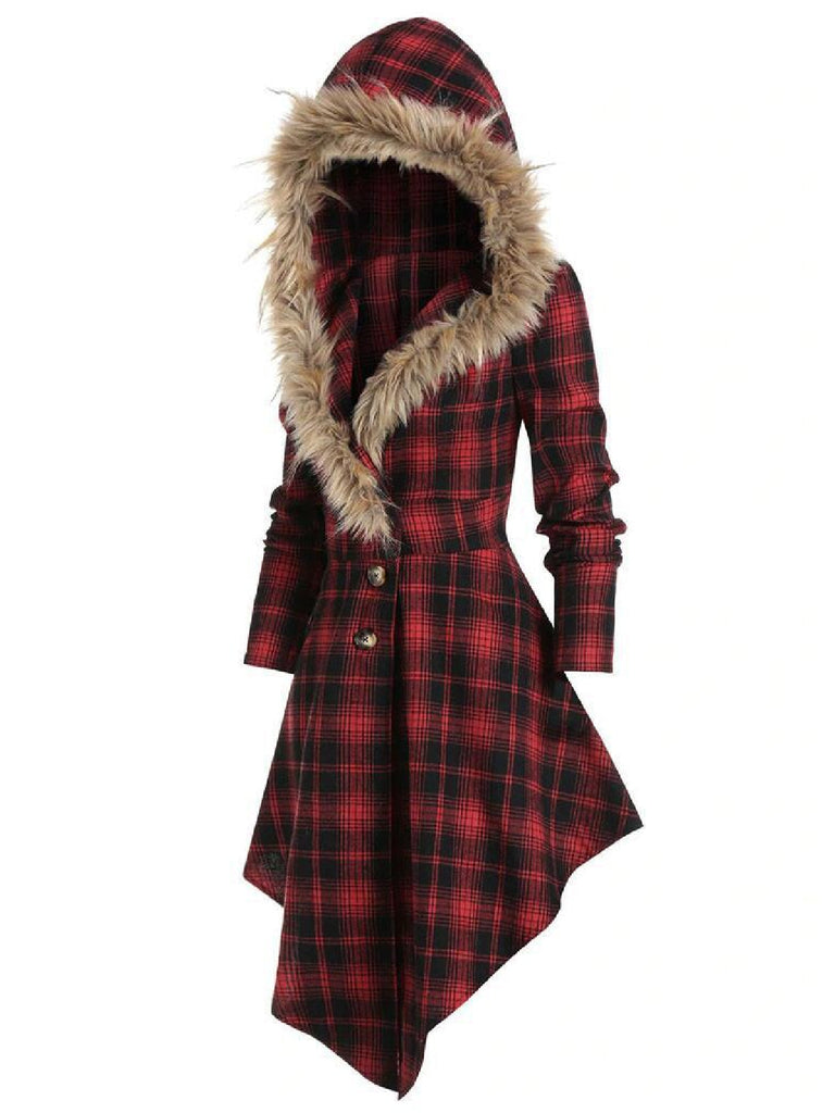 Robe manteau rouge à carreaux en peluche avec chapeau