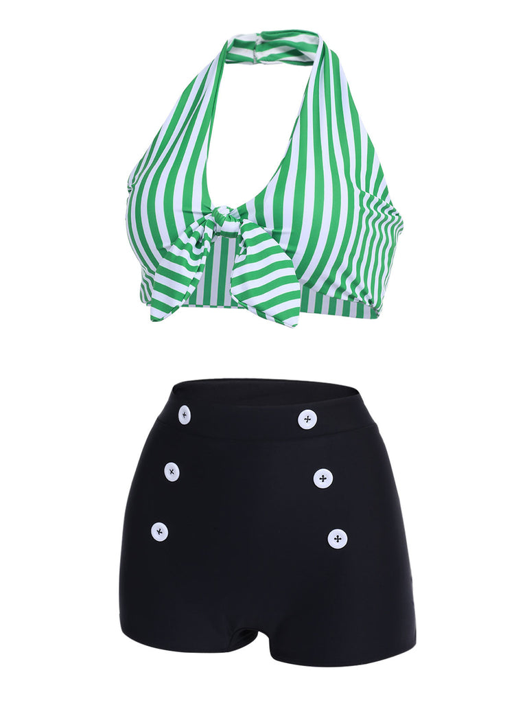 [Grande Taille] Ensemble de bikini vert à rayures rétro