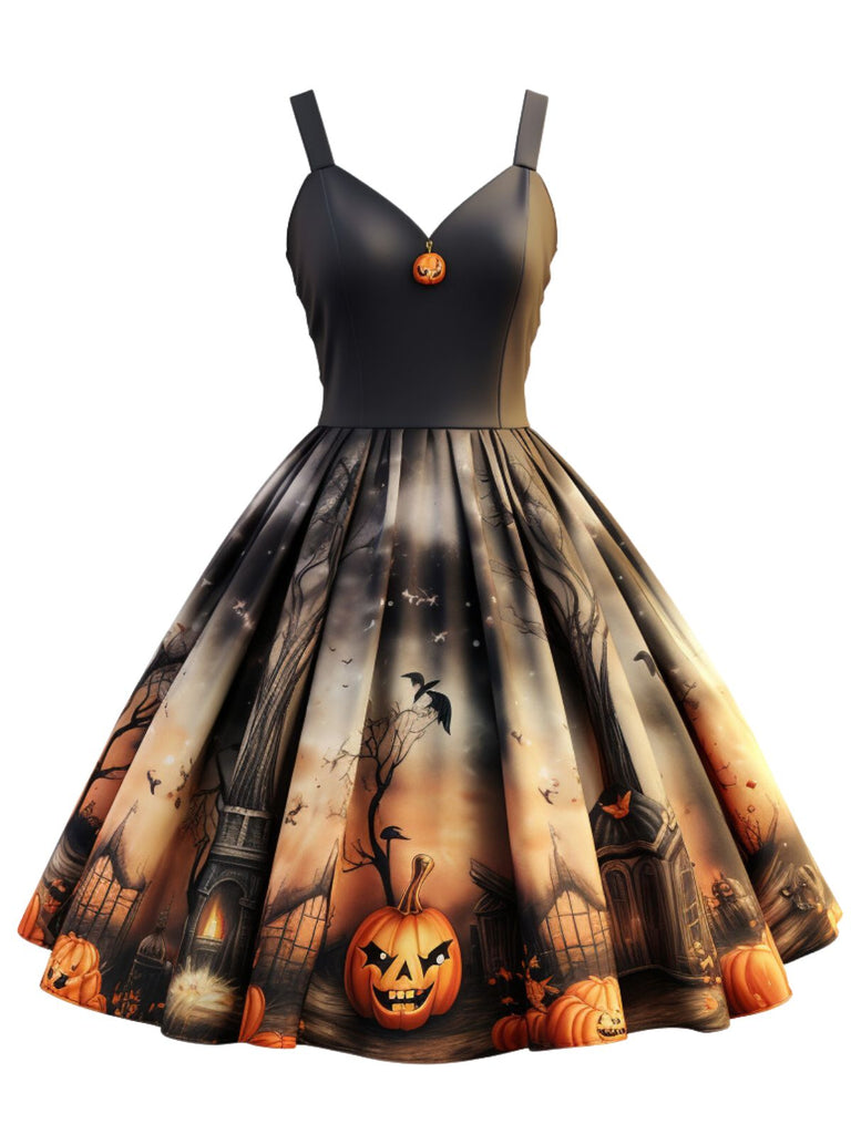 [Prévente] Robe trapèze citrouille d'Halloween noire des années 1950