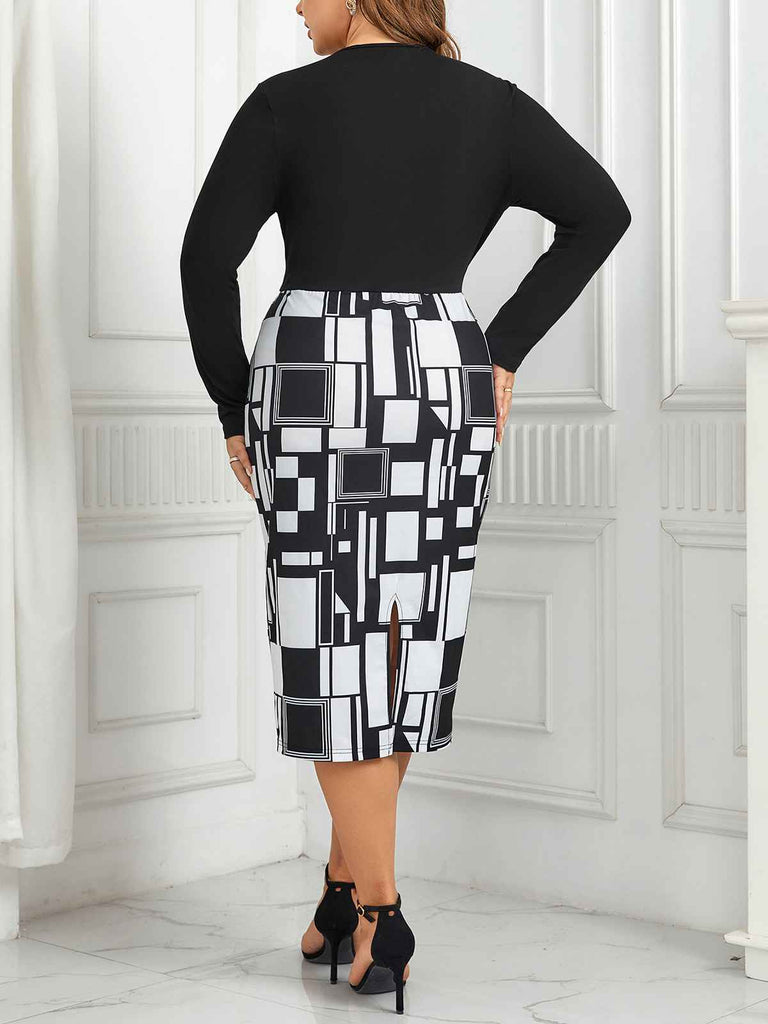 [Grande taille] Robe portefeuille noire géométrique à manches longues des années 1960