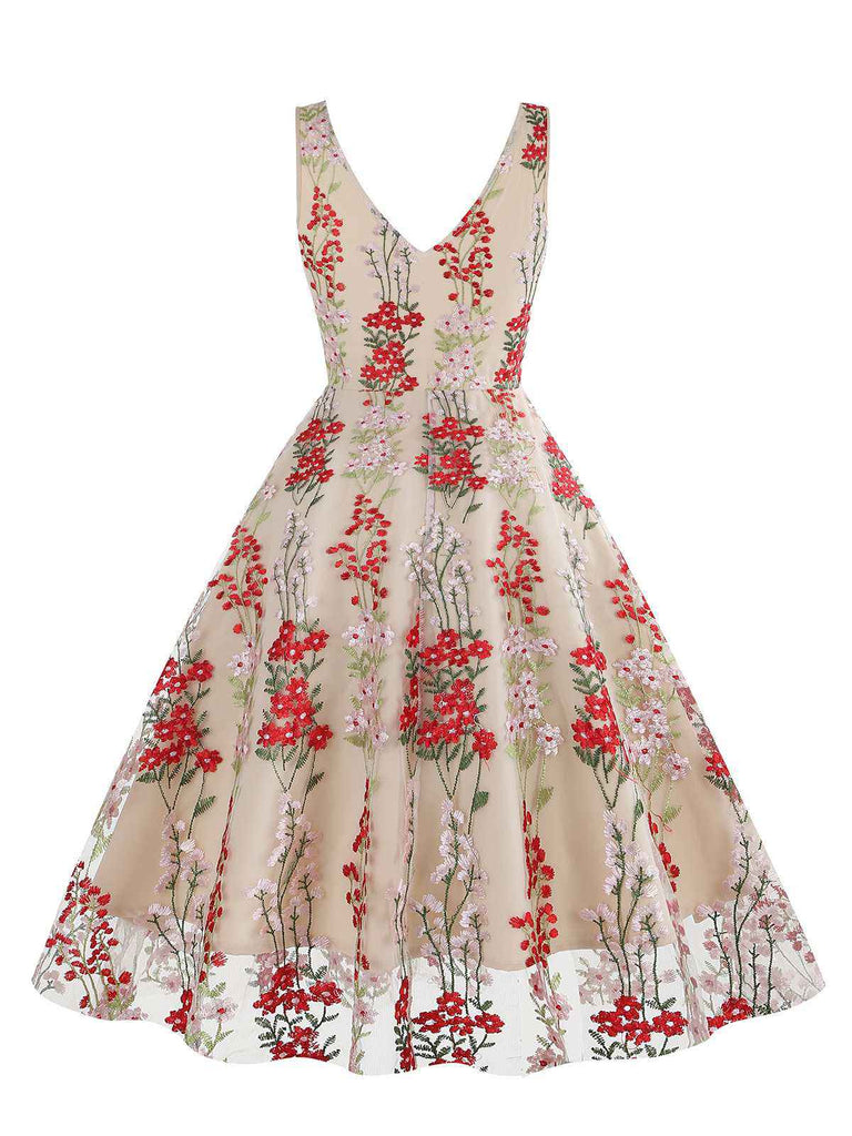 1950s Embroidered Floral V-Neck Swing Dress