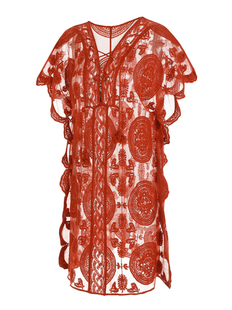 Cache maillot creux brodé rouge des années 1960