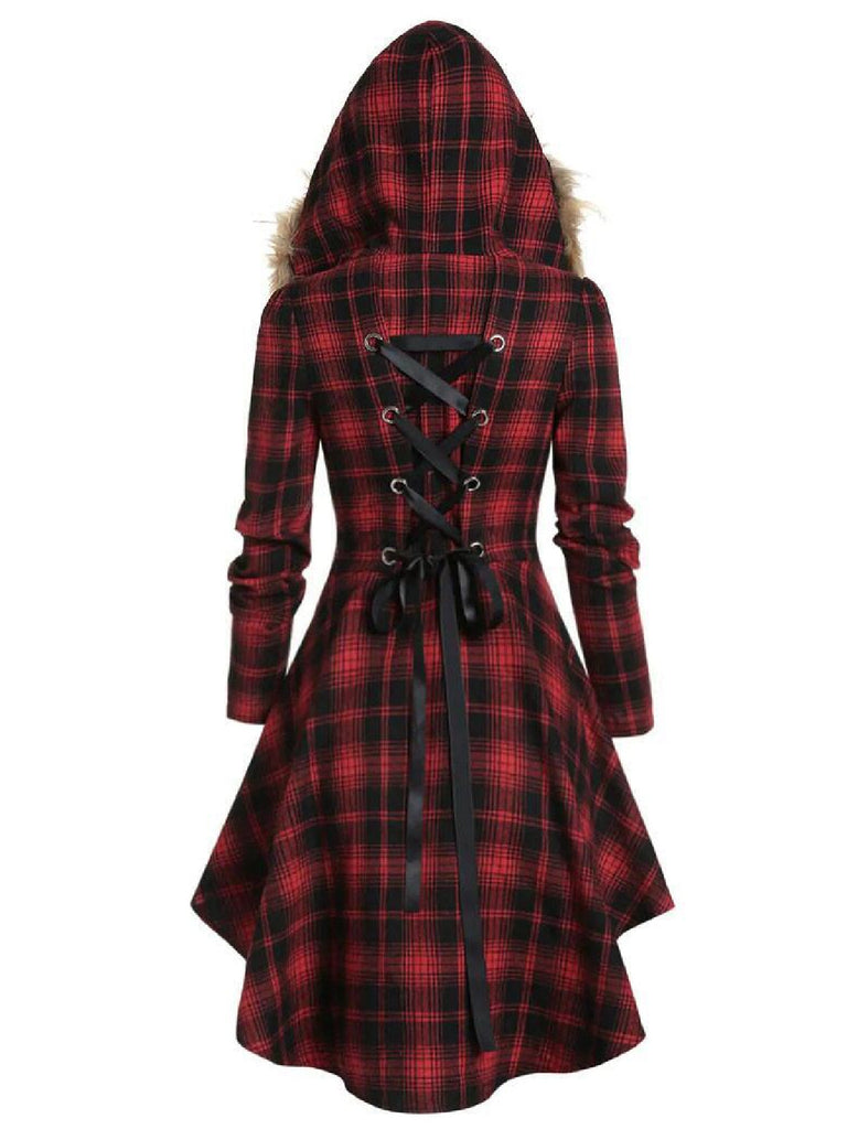 Robe manteau rouge à carreaux en peluche avec chapeau