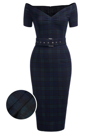 Robe Crayon Vintage Bleu Année 60 À Carreaux Cocktail Pin up