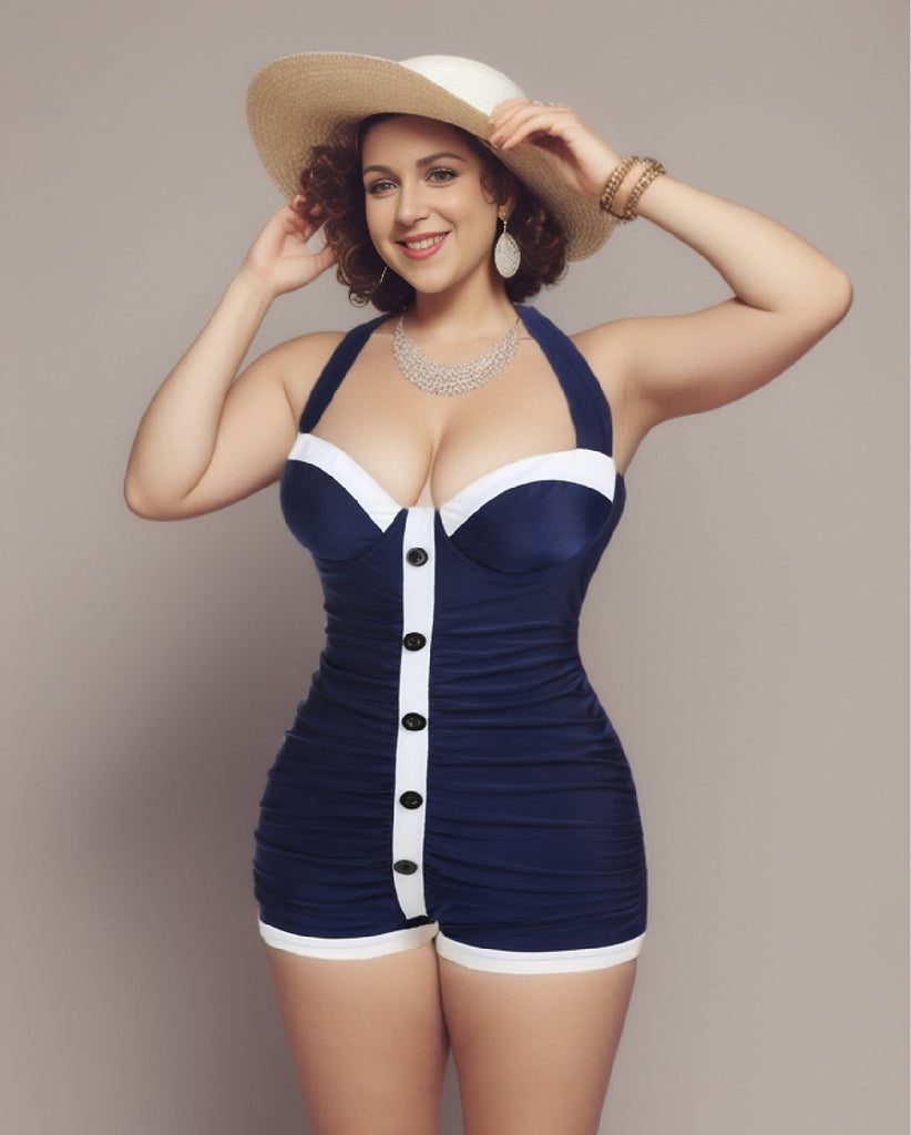 Maillot de bain bleu marine à licou plissé années 1950 grande taille