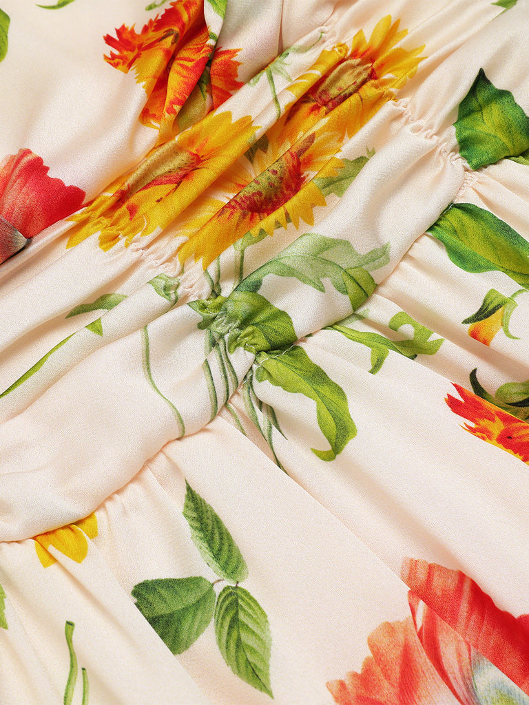 Robe trapèze fleurie à manches longues des années 1930