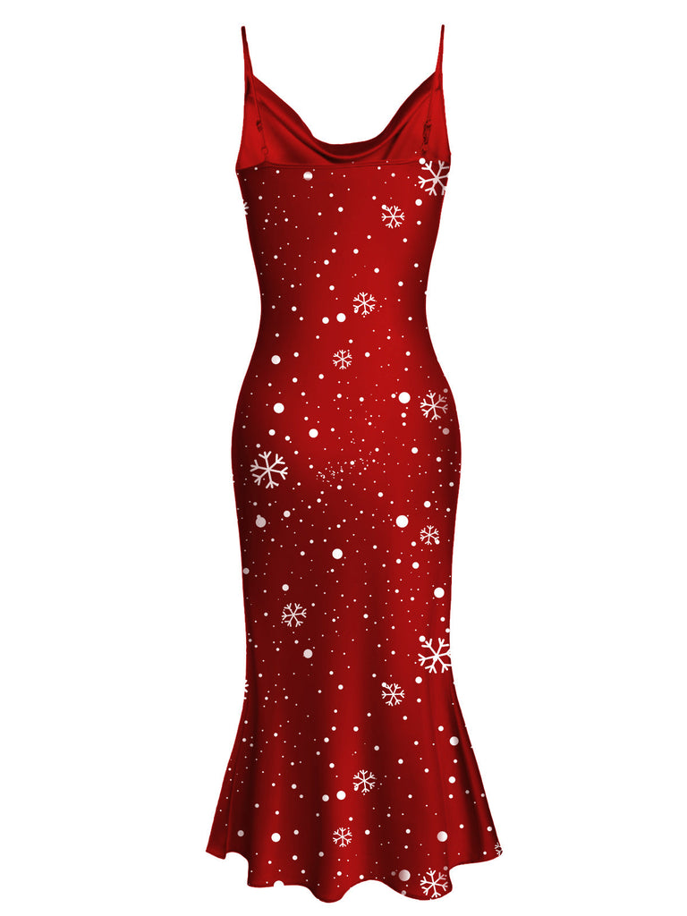 [Prévente] Robe sirène rouge flocon de neige à bretelles de Noël des années 1930